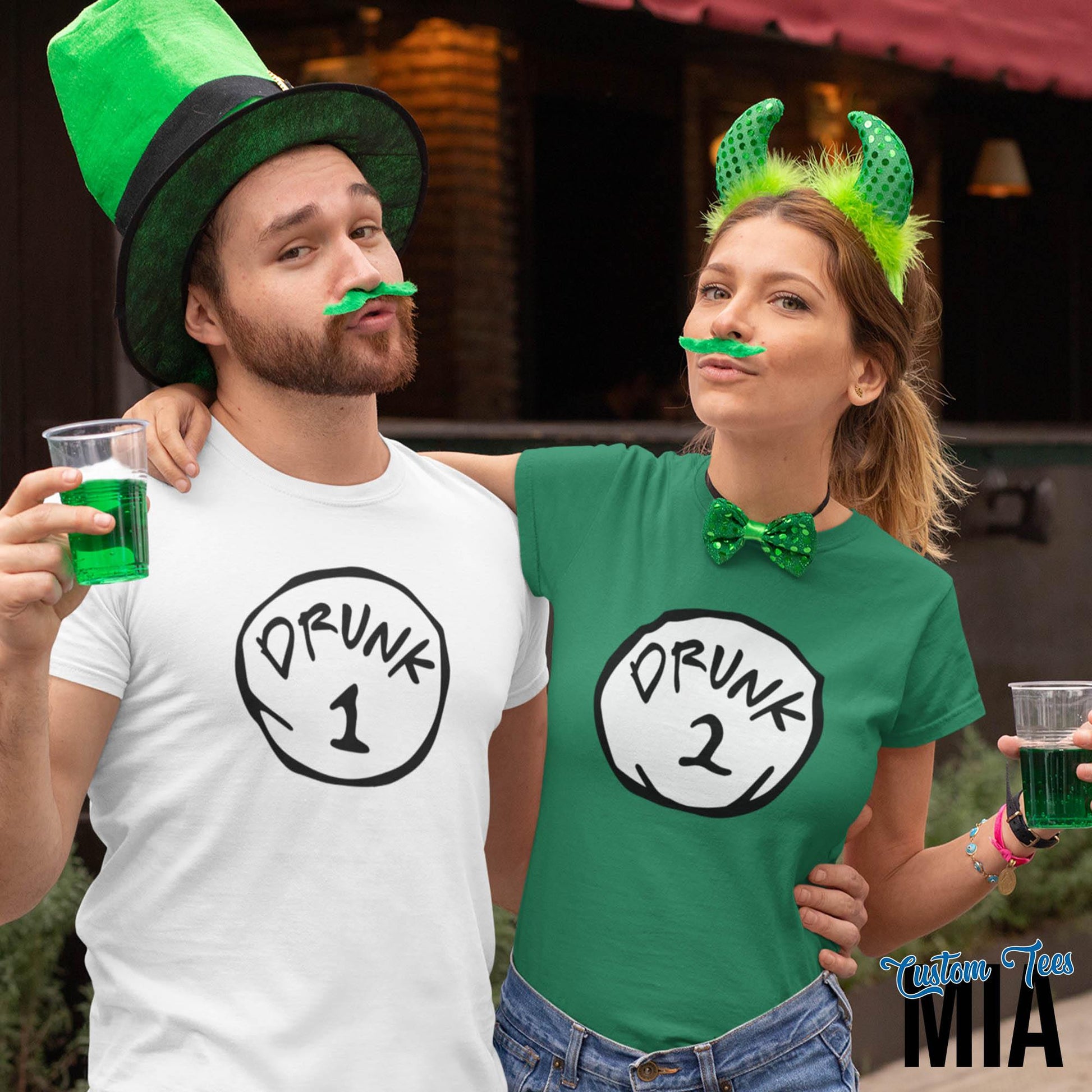 Drunk 1 Drunk 2 St. Patrick's Day Matching Couples Shirt - Custom Tees MIA