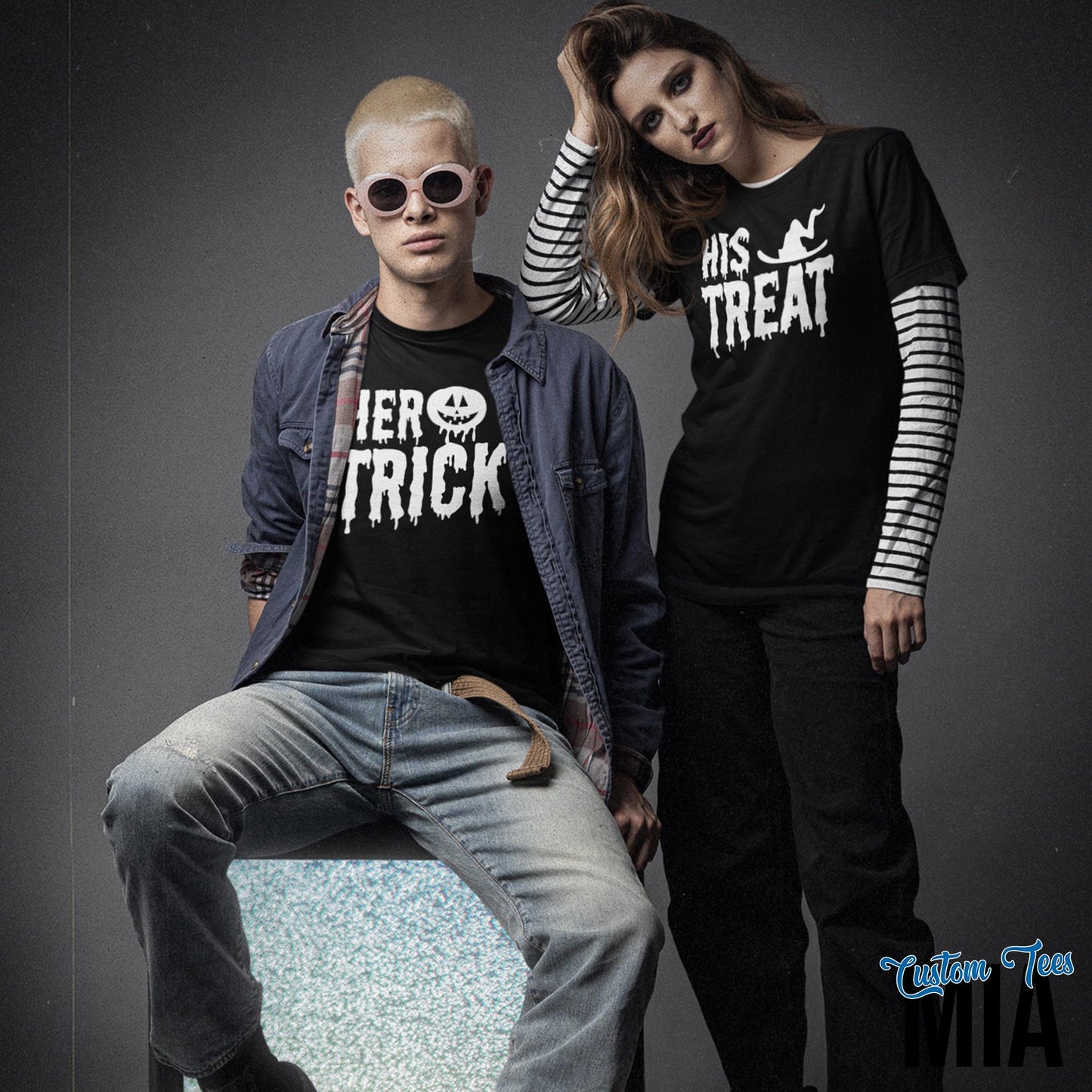Her Trick, His Treat Halloween Couples Shirts