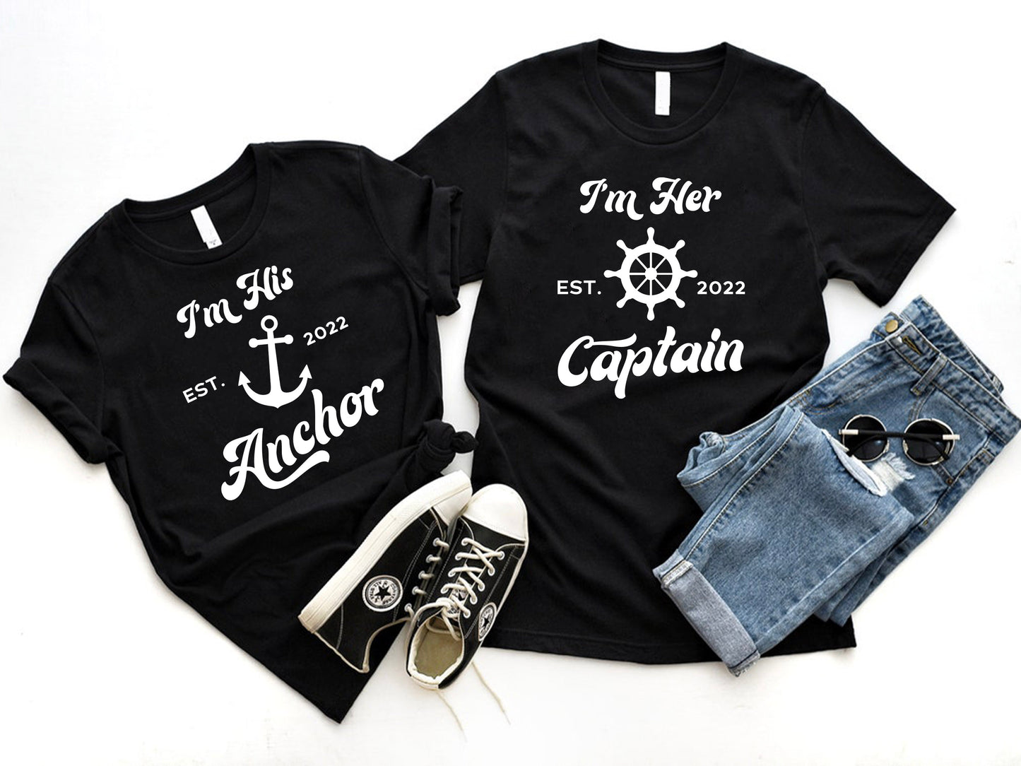 Custom I'm His Anchor, I'm Her Captain Matching Couples Cruise T-Shirts